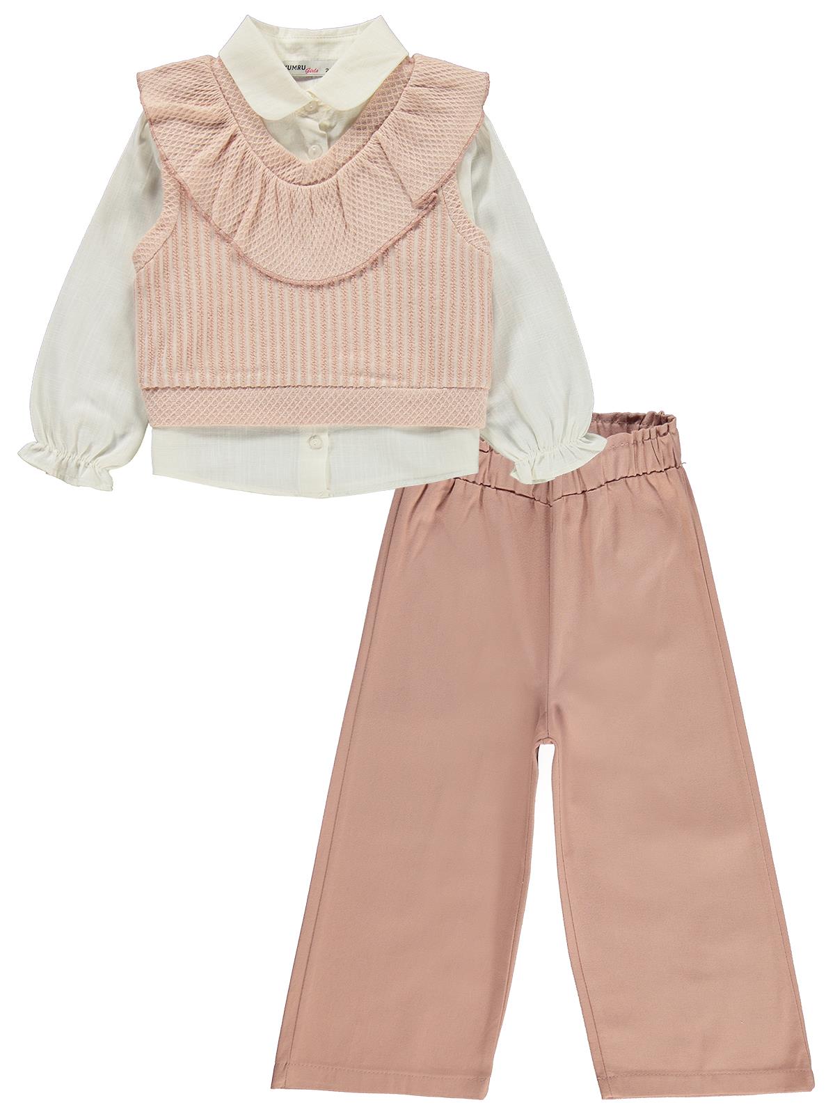 Civil Girls V Yaka Süeter Pantolon 3 Lü 2-5 Yaş Takım - Pembe