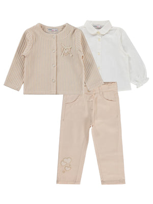 Civil Girls Pantolon Ceket Nakışlı 3 Lü 2-5 Yaş Takım - Bej