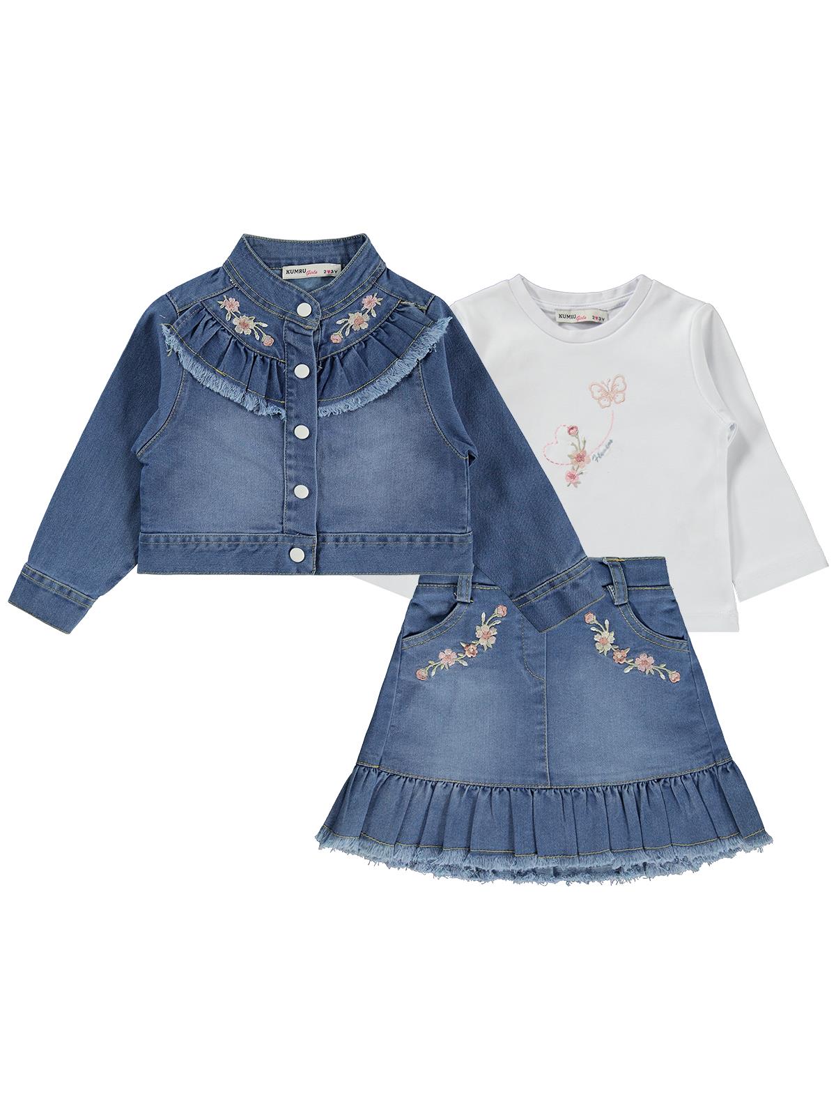 Civil Girls Nakışlı Kot Ceket Etek 3 Lü 2-5 Yaş Takım - Mavi