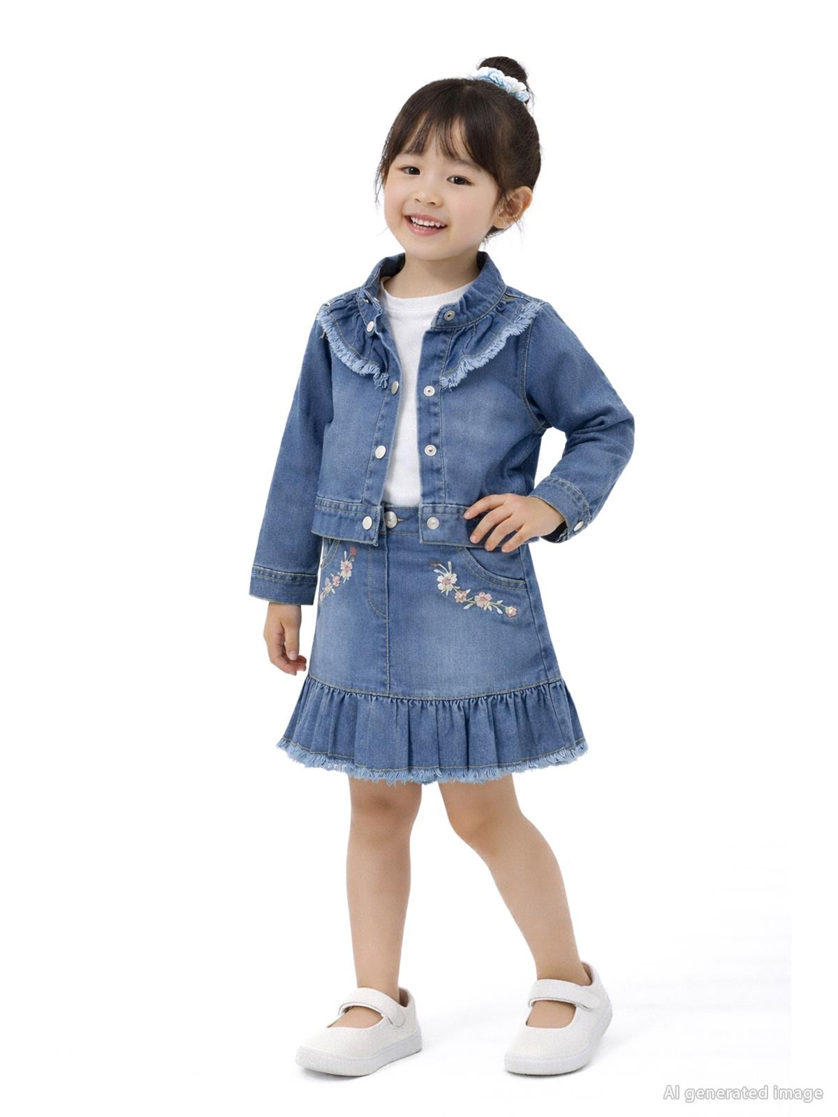 Civil Girls Nakışlı Kot Ceket Etek 3 Lü 2-5 Yaş Takım - Mavi