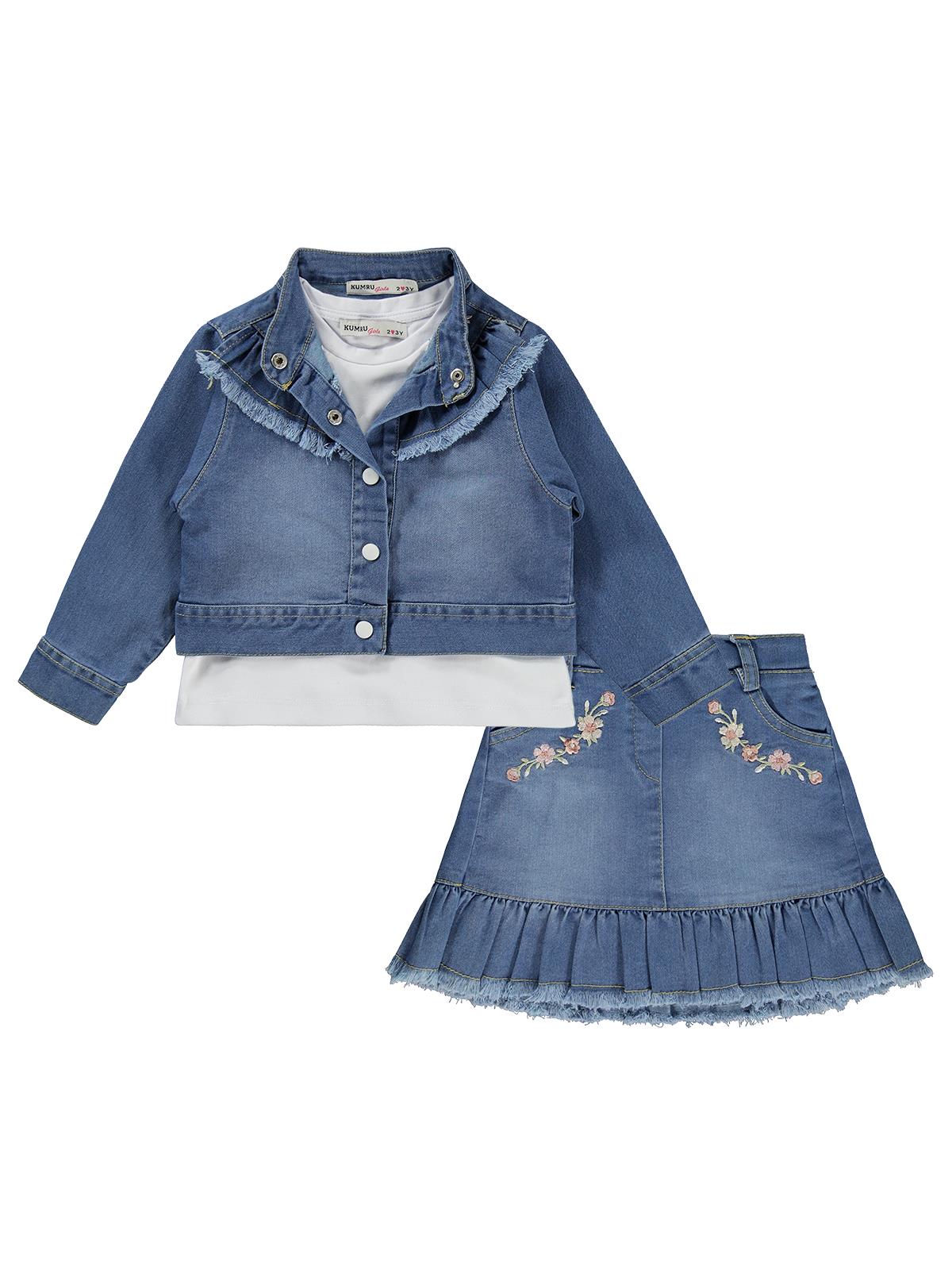 Civil Girls Nakışlı Kot Ceket Etek 3 Lü 2-5 Yaş Takım - Mavi