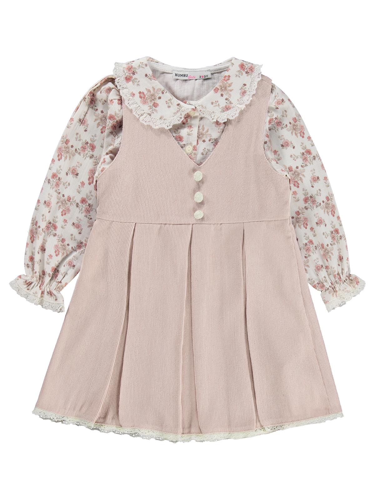 Civil Girls Çiçek Gömlekli 2 Li 2-5 Yaş Elbise - Pudra