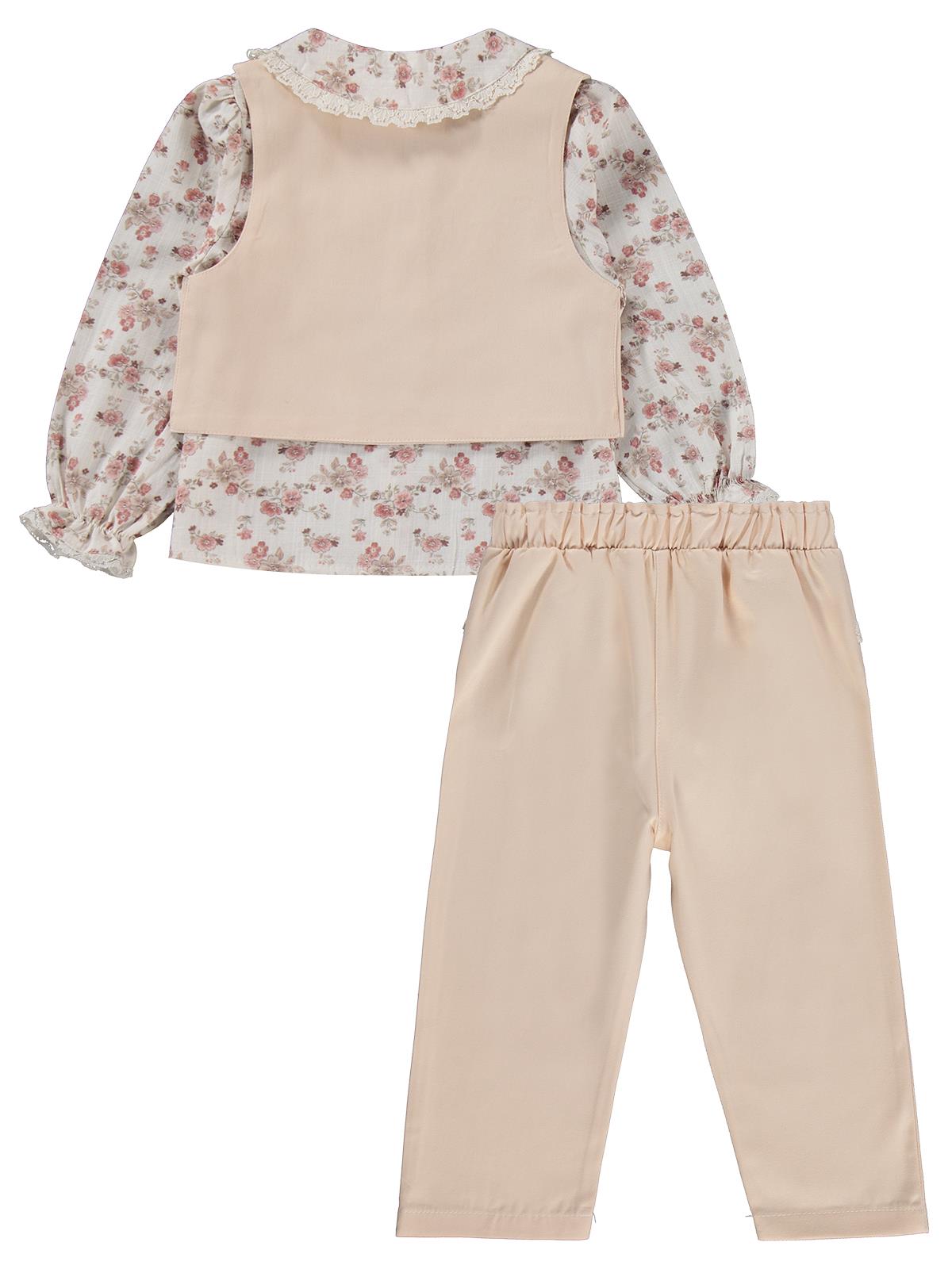 Civil Girls Yelek Pantolon Çiçekli Gömlek 3 Lü 2-5 Yaş Takım - Bej