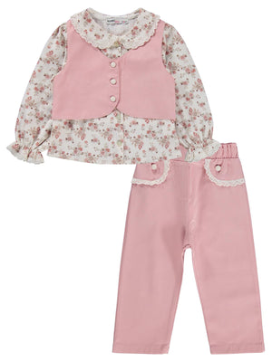 Civil Girls Yelek Pantolon Çiçekli Gömlek 3 Lü 2-5 Yaş Takım - Pembe