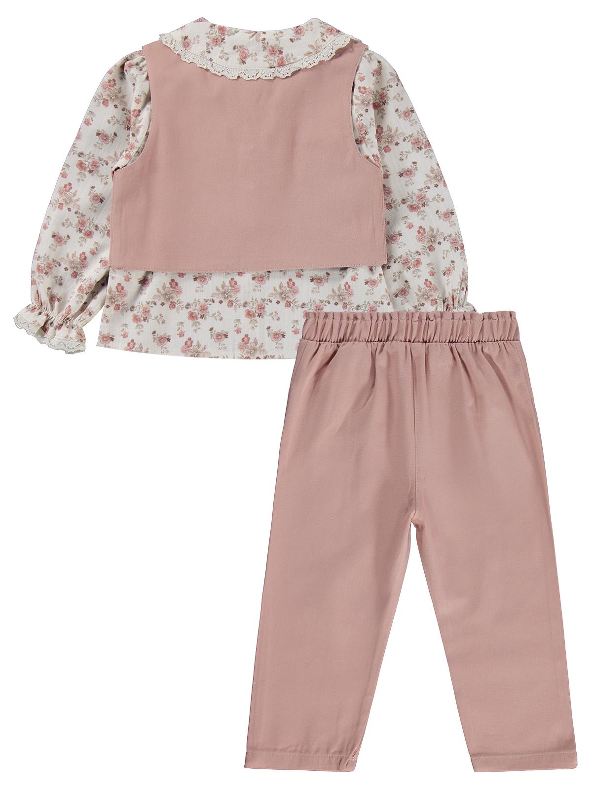 Civil Girls Yelek Pantolon Çiçekli Gömlek 3 Lü 2-5 Yaş Takım - Pembe