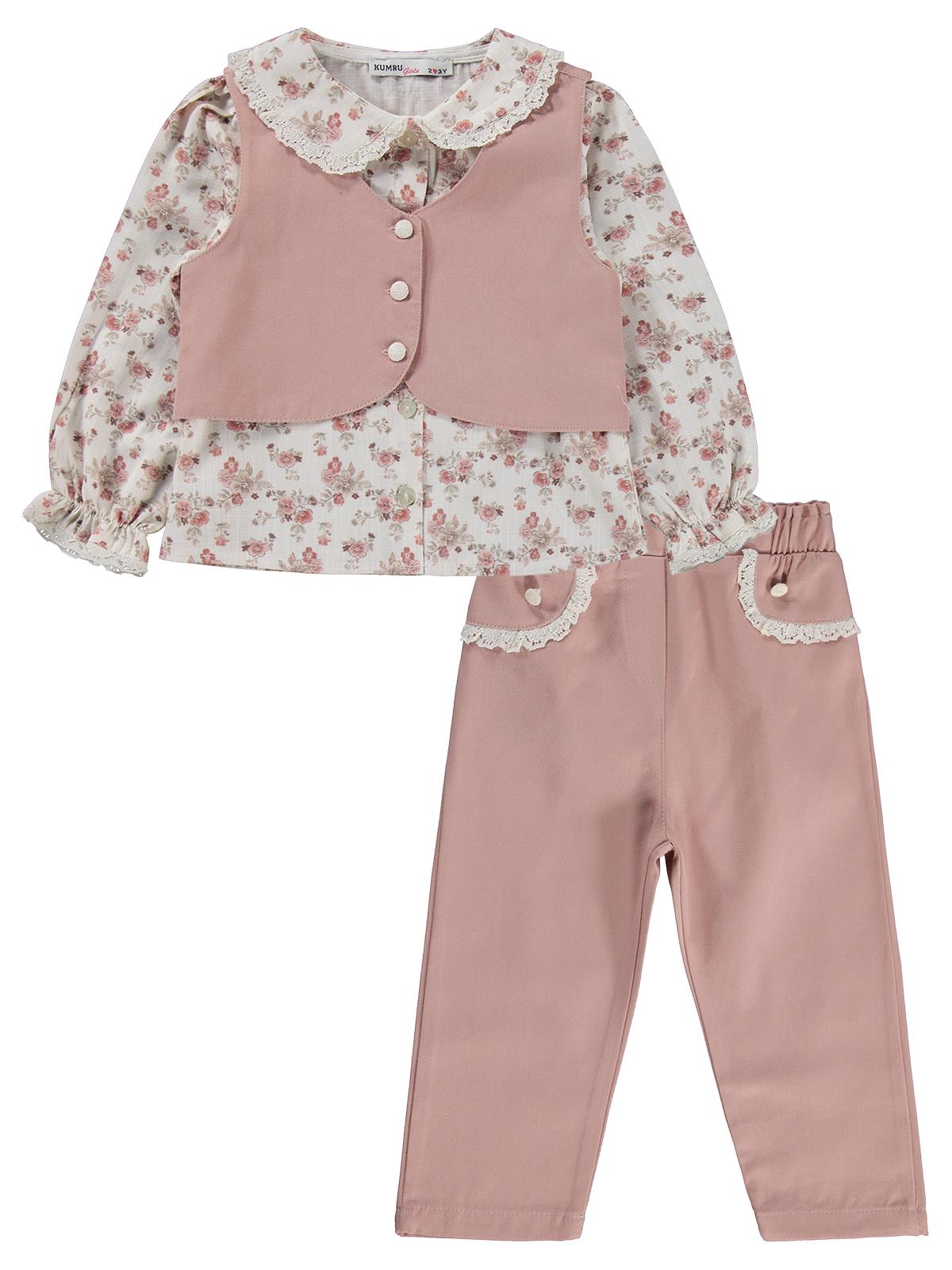 Civil Girls Yelek Pantolon Çiçekli Gömlek 3 Lü 2-5 Yaş Takım - Pembe