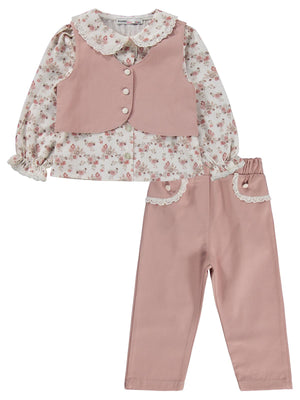 Civil Girls Yelek Pantolon Çiçekli Gömlek 3 Lü 2-5 Yaş Takım - Pembe