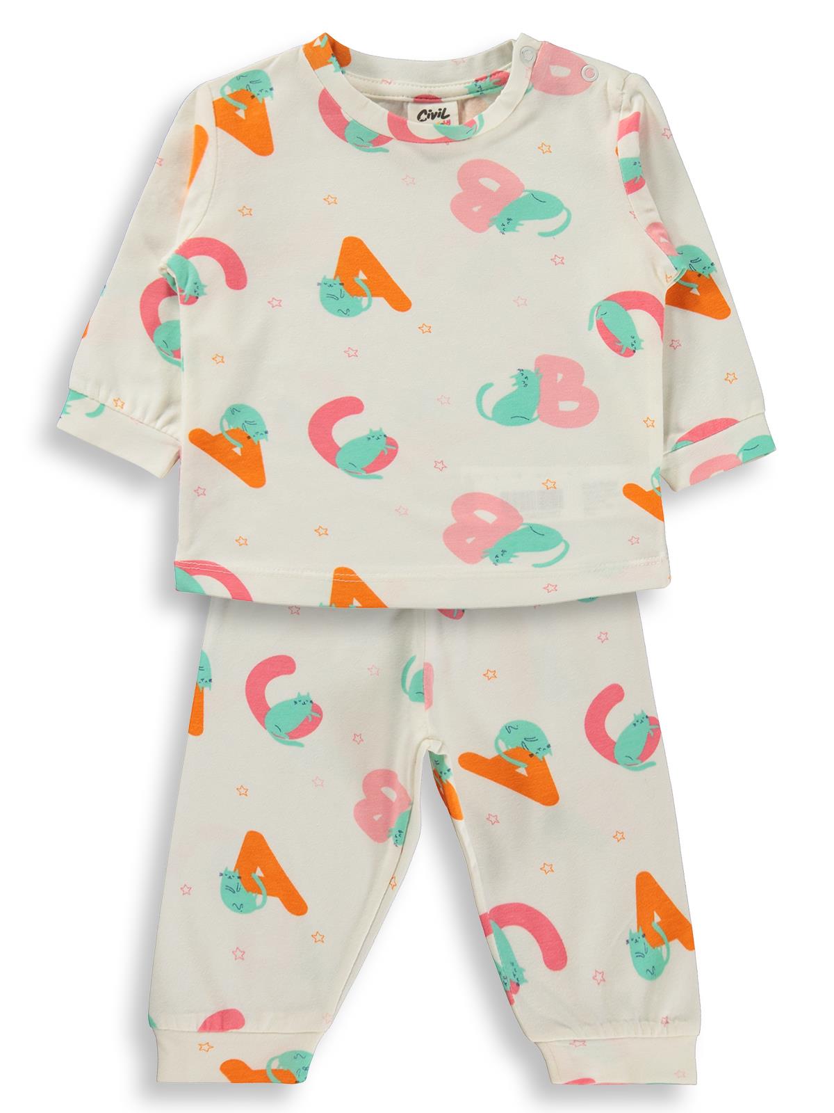 Civil Baby Harf Kedi Empirme 6-18 Ay Pijama Takımı - Ekru