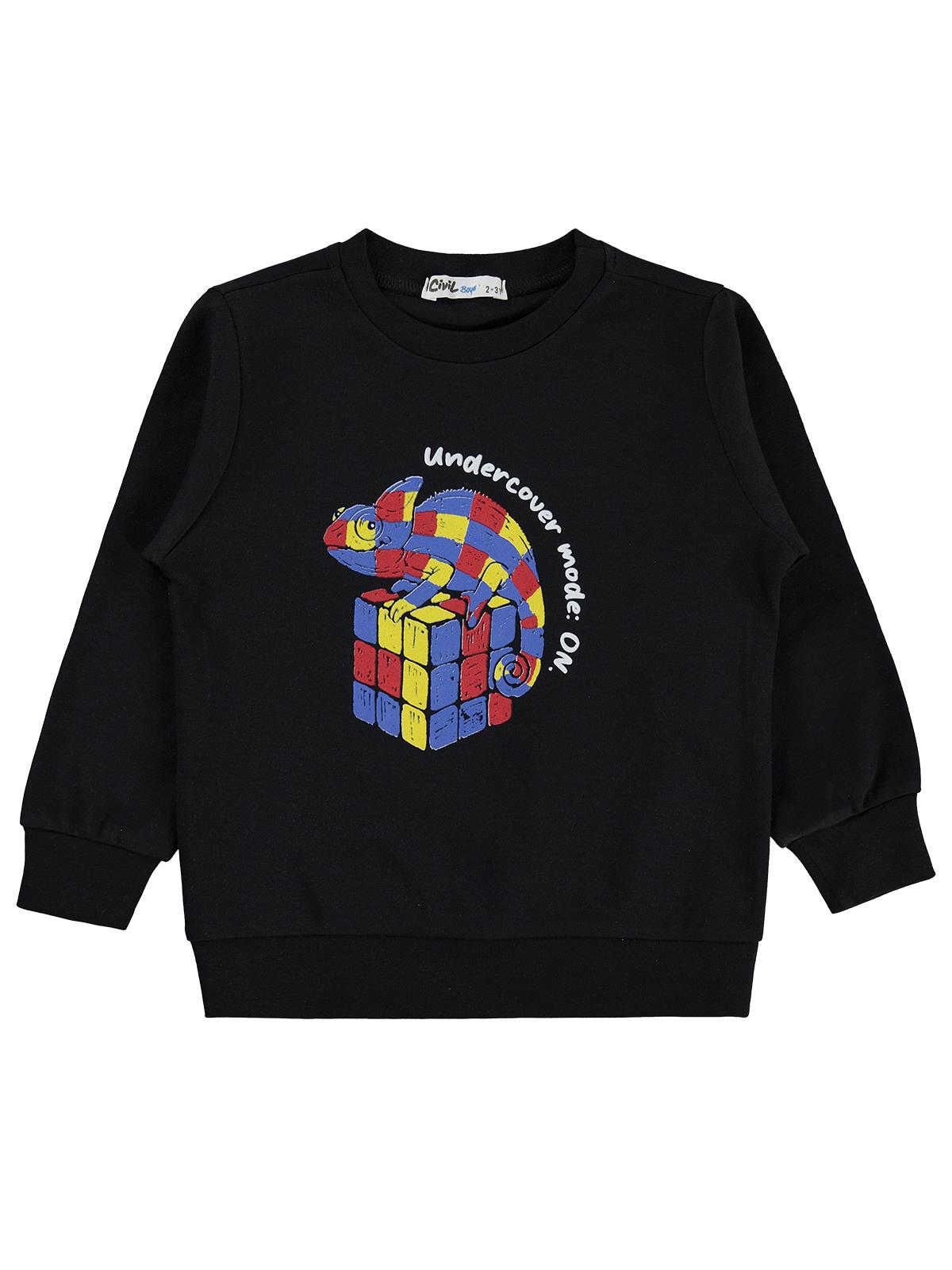 Civil Erkek Çocuk Zeka Küpü iguana Baskılı Sweatshirt Km | İnterlok | Okul Kreş ve Günlük Kullanım - Siyah