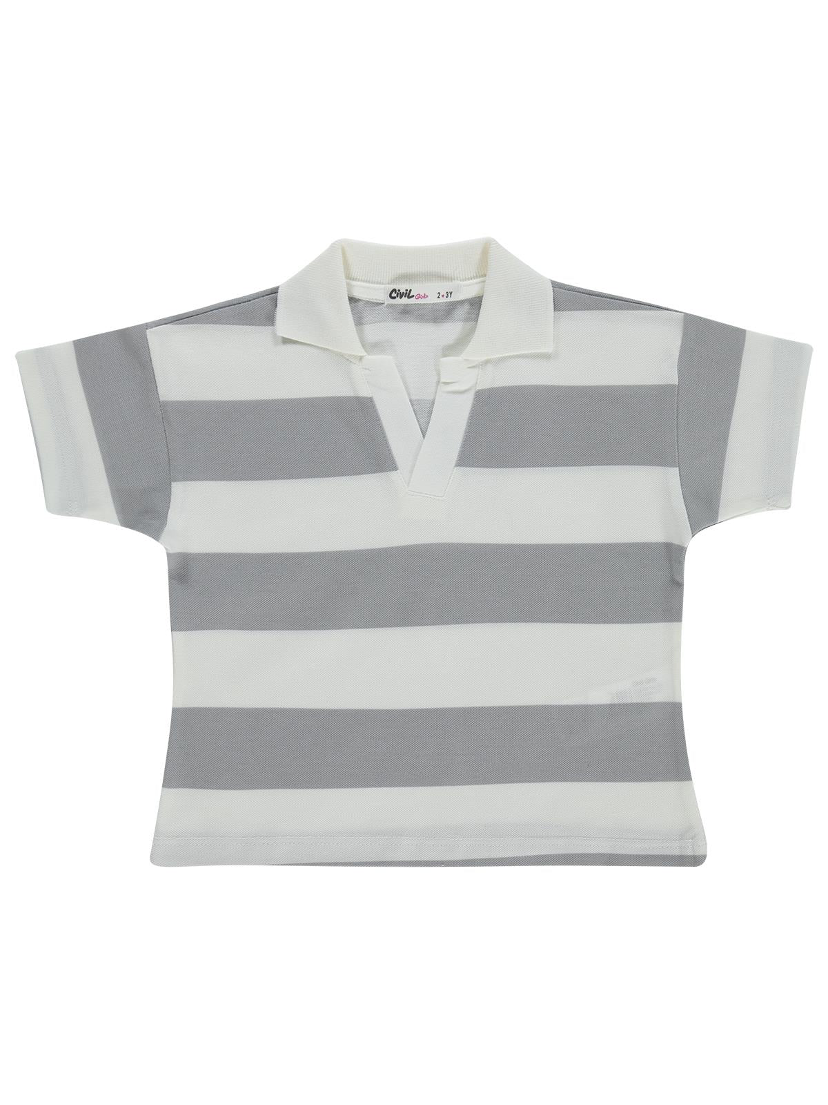 Civil Girls Çizgili Polo Yaka 2-5 Yaş Tişört - Gri