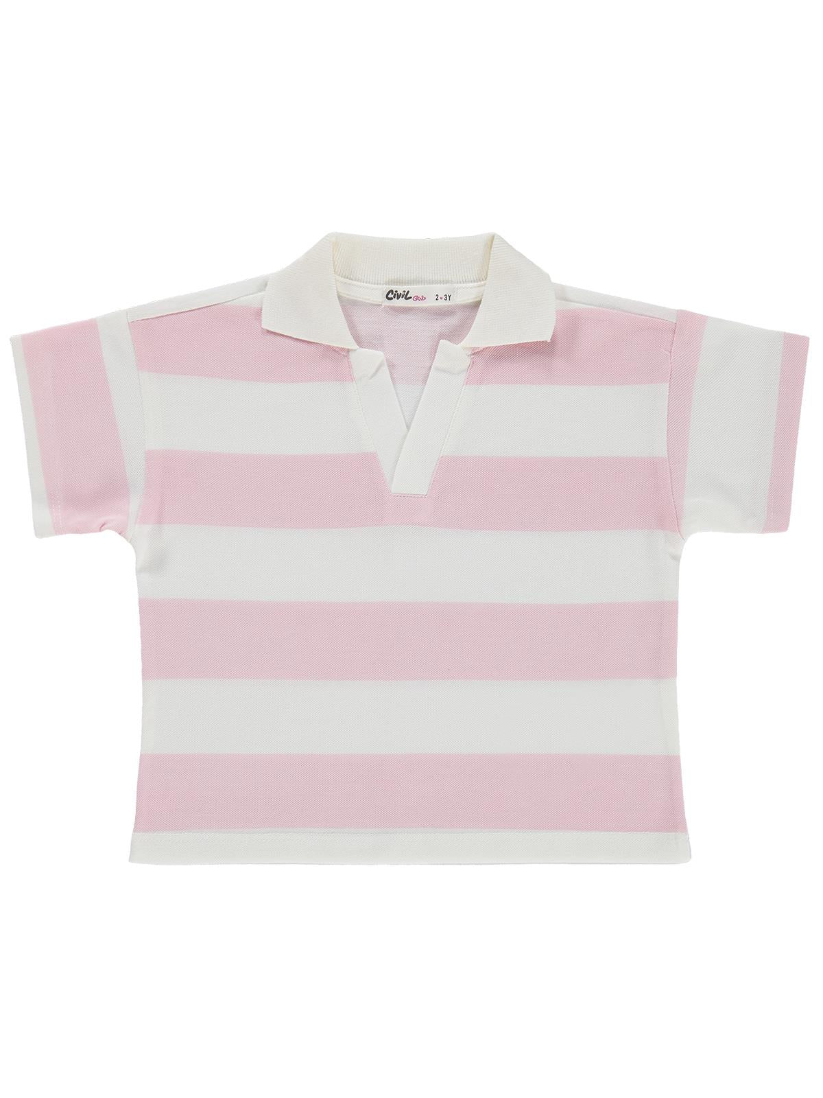 Civil Girls Çizgili Polo Yaka 2-5 Yaş Tişört - Pudra