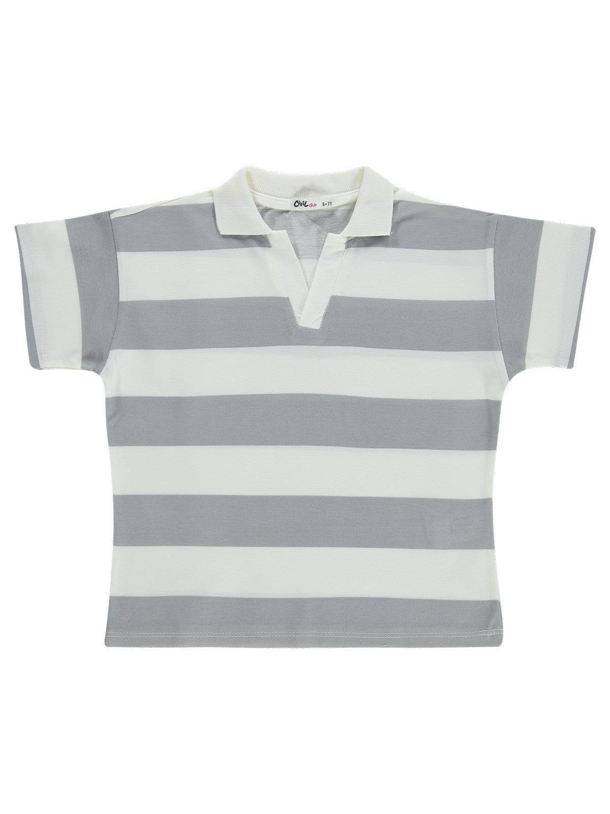 Civil Girls Çizgili Polo Yaka 6-9 Yaş Tişört - Gri