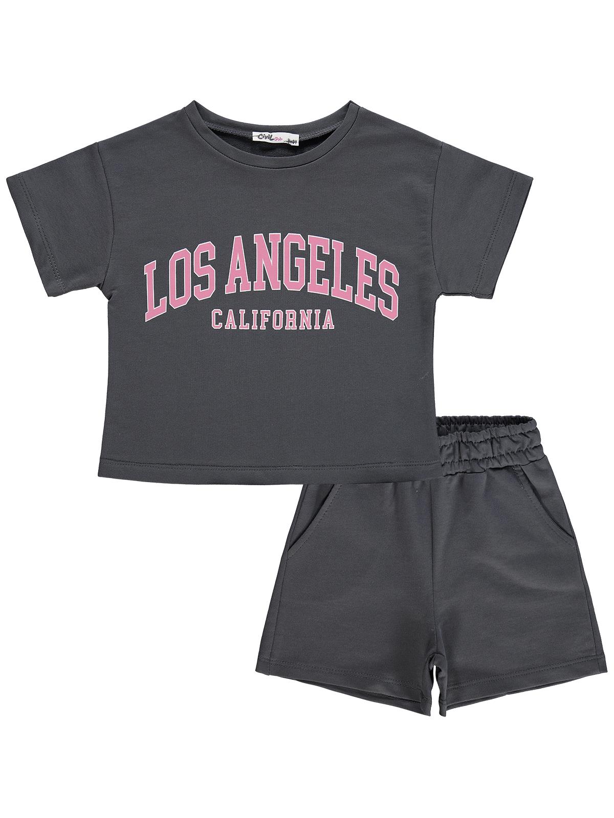 Civil Girls Los Angeles Baskılı Şortlu 2-5 Yaş Takım - Gri