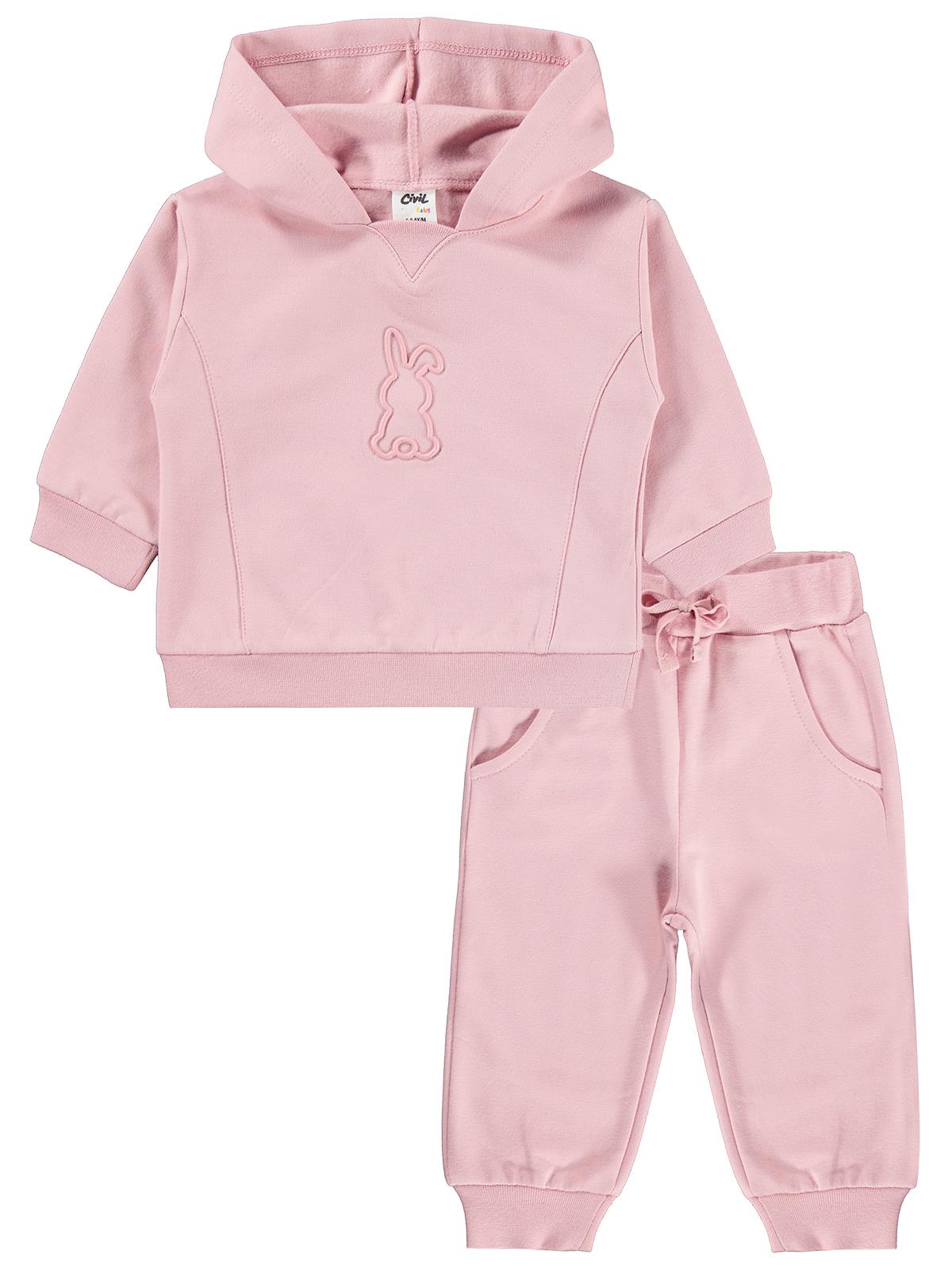 Civil Baby Tavşan Baskılı Kapşonlu Basic 6-18 Ay Takım - Pembe
