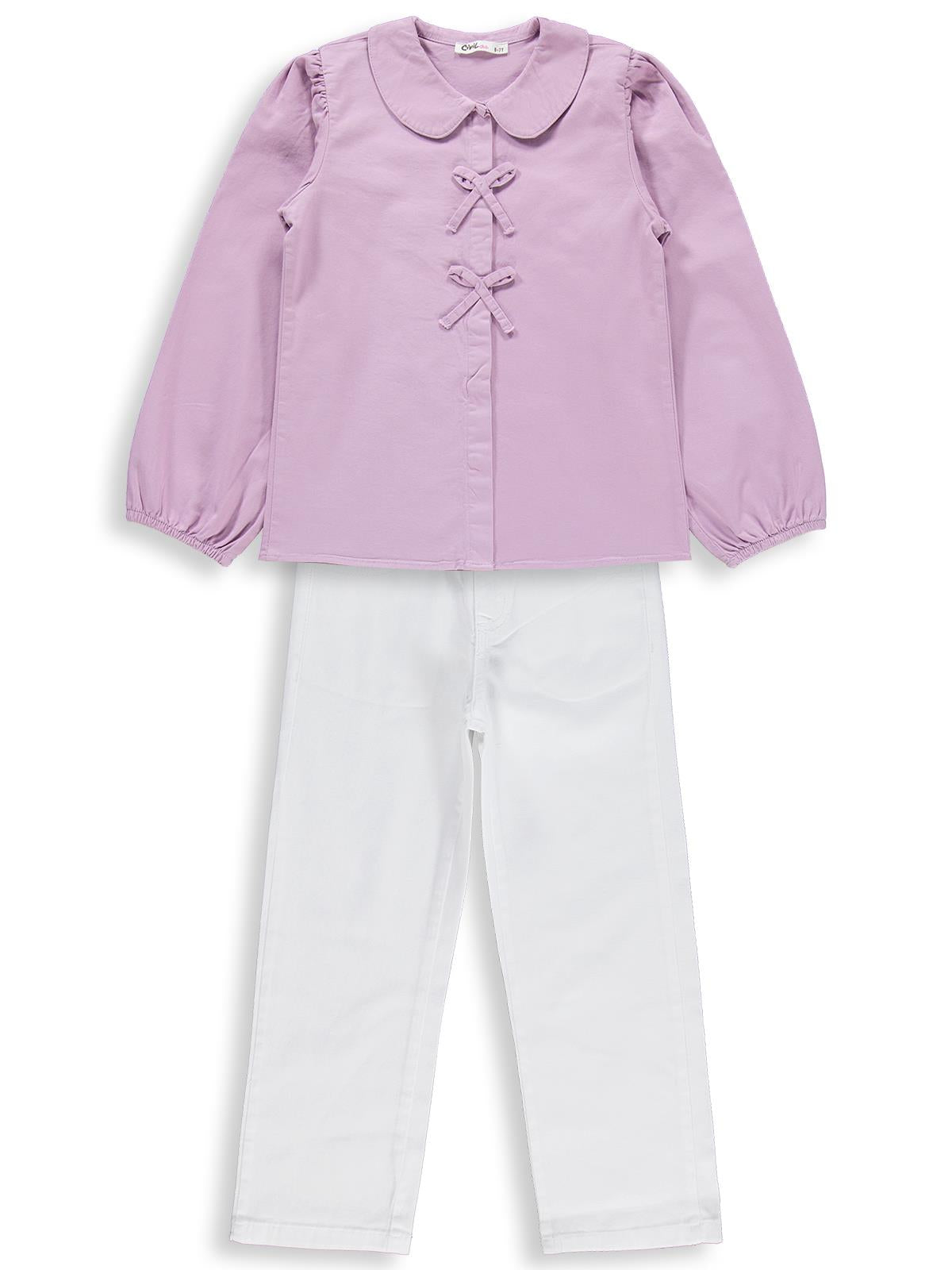 Civil Girls Fiyonklu Gömlek Pantolon İkili 6-9 Yaş Takım - Lila