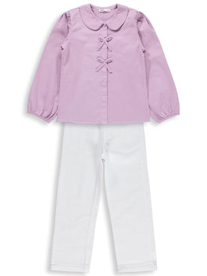 Civil Girls Fiyonklu Gömlek Pantolon İkili 6-9 Yaş Takım - Lila
