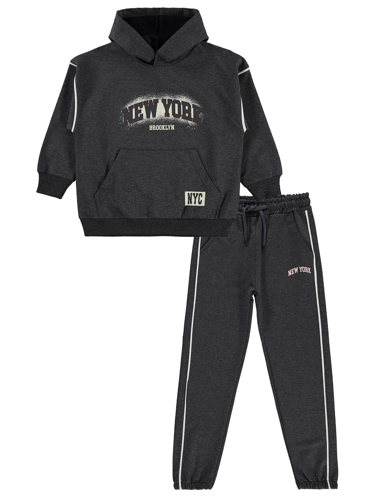 Mışıl Kids Kanguru Cepli Yanlar Biyeli 6-9 Yaş Eşofman Takımı - Gri