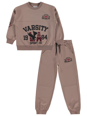 Mışıl Kids Kolları Baskılı 6-9 Yaş Eşofman Takımı - Bej