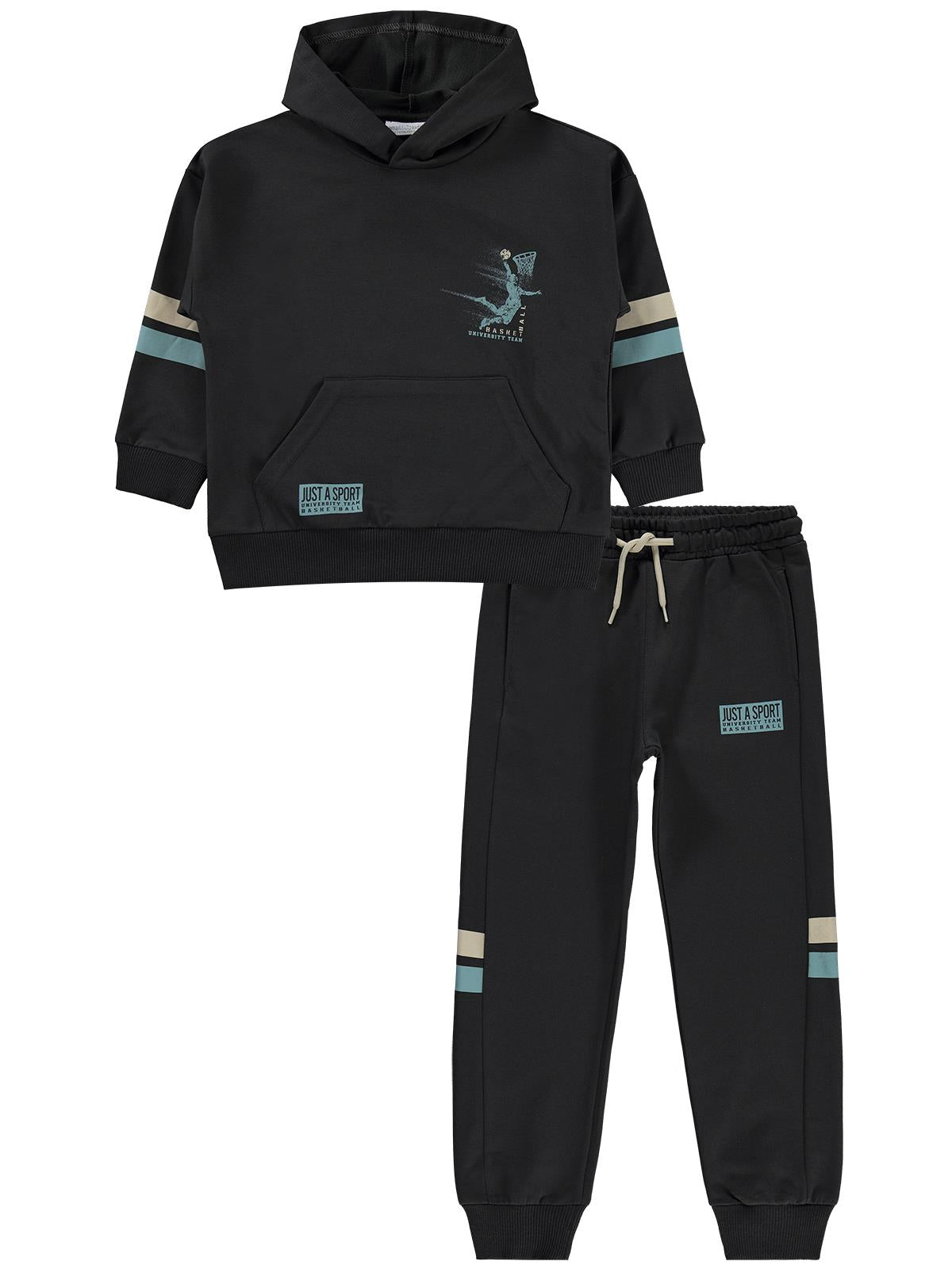 Mışıl Kids Kapüşonlu Kolları Şerit Baskılı 6-9 Yaş Eşofman Takımı - Gri