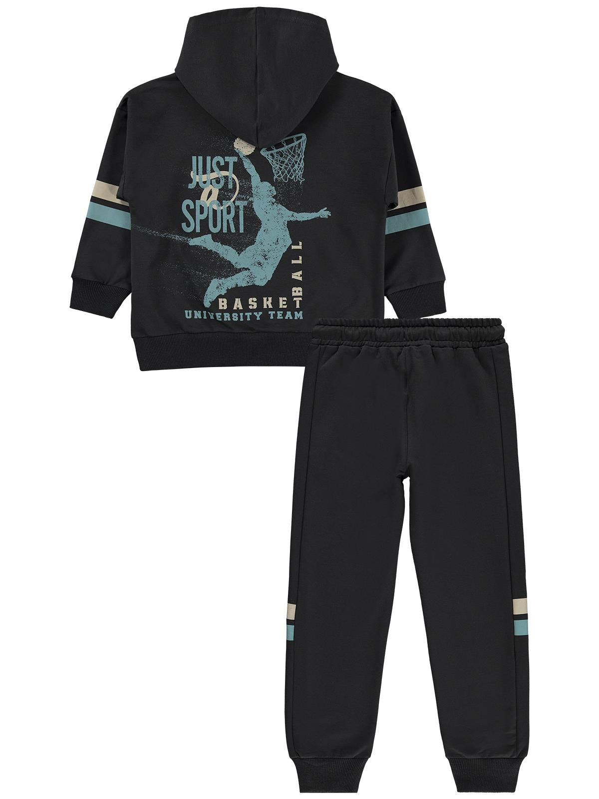 Mışıl Kids Kapüşonlu Kolları Şerit Baskılı 6-9 Yaş Eşofman Takımı - Gri