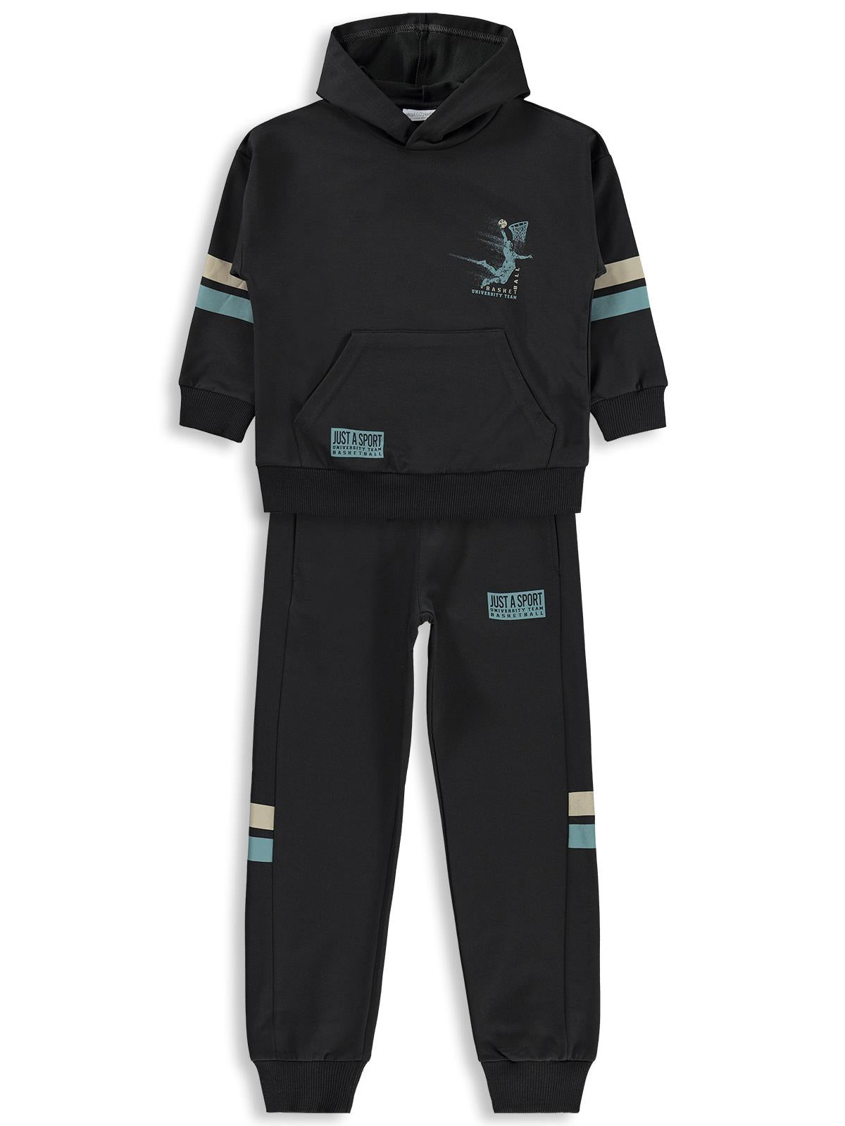 Mışıl Kids Kapüşonlu Kolları Şerit Baskılı 6-9 Yaş Eşofman Takımı - Gri