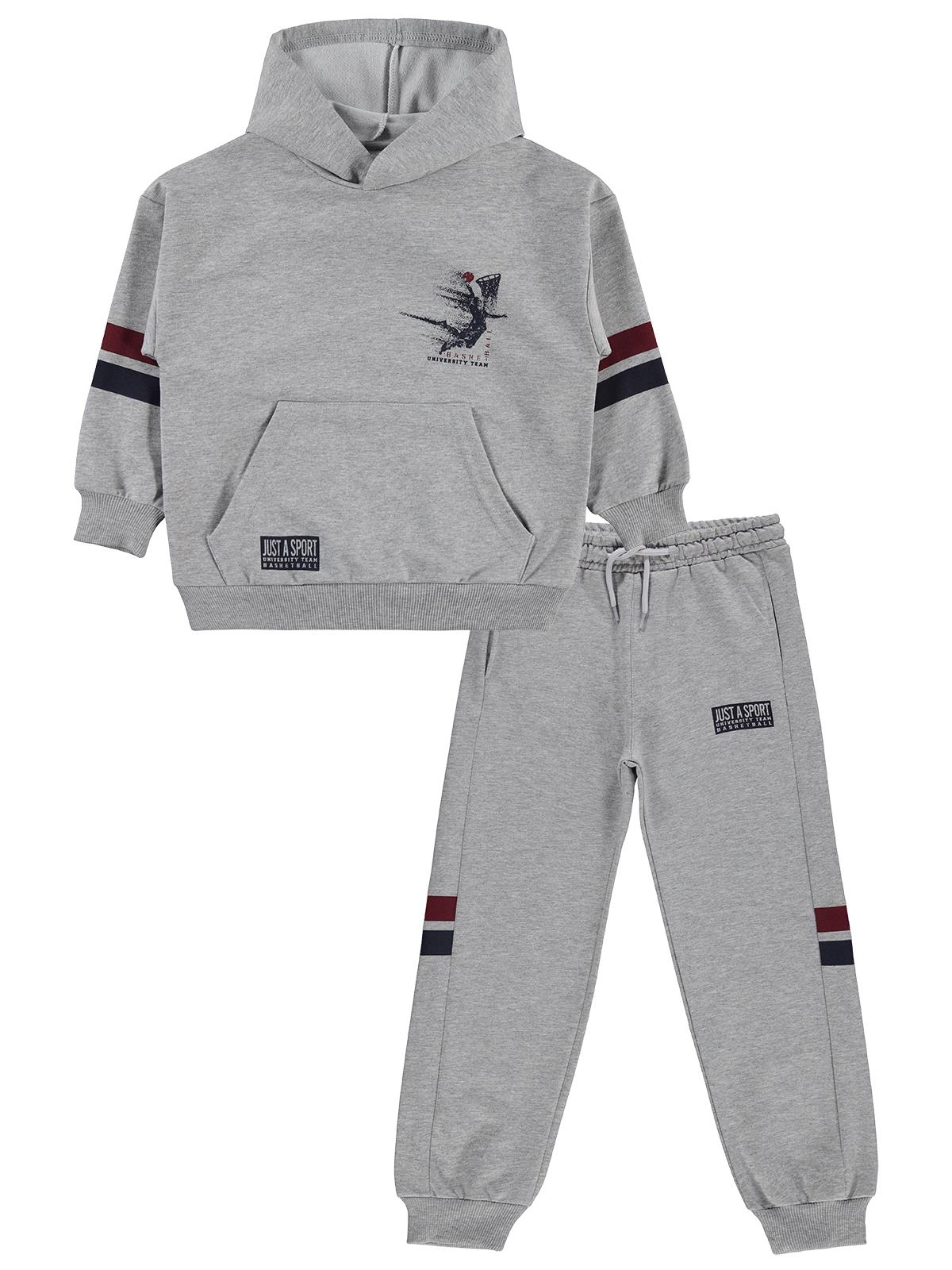 Mışıl Kids Kapüşonlu Kolları Şerit Baskılı 10-13 Yaş Eşofman Takımı - Gri