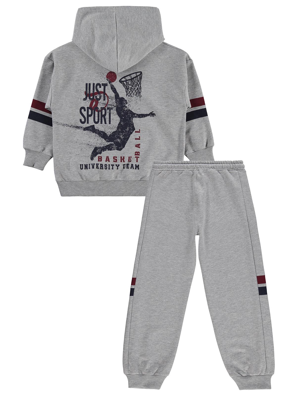 Mışıl Kids Kapüşonlu Kolları Şerit Baskılı 6-9 Yaş Eşofman Takımı - Gri