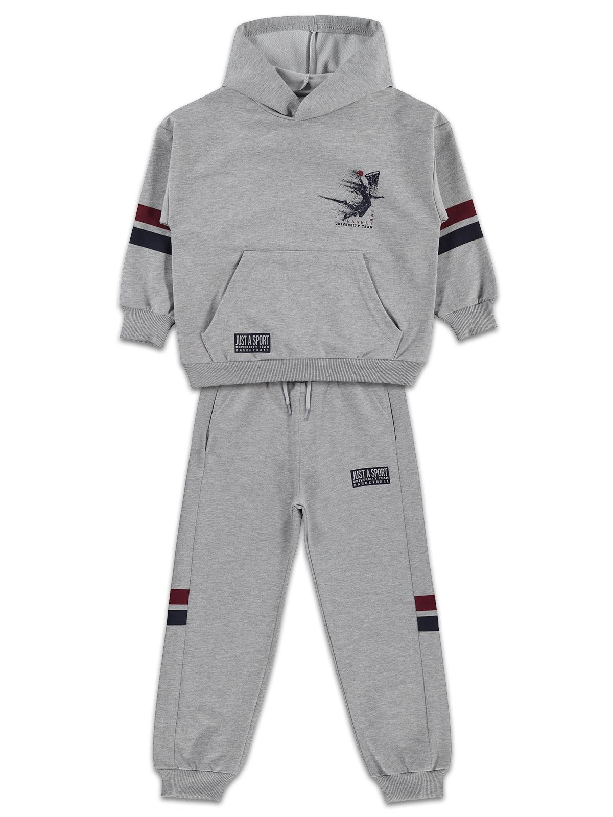 Mışıl Kids Kapüşonlu Kolları Şerit Baskılı 6-9 Yaş Eşofman Takımı - Gri