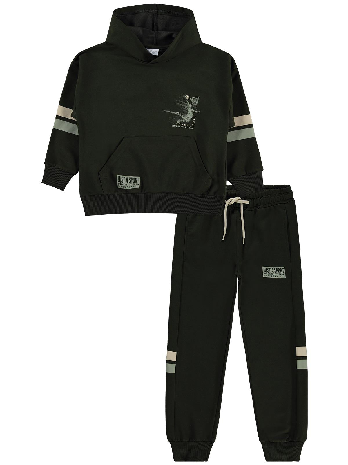 Mışıl Kids Kapüşonlu Kolları Şerit Baskılı 6-9 Yaş Eşofman Takımı - Haki