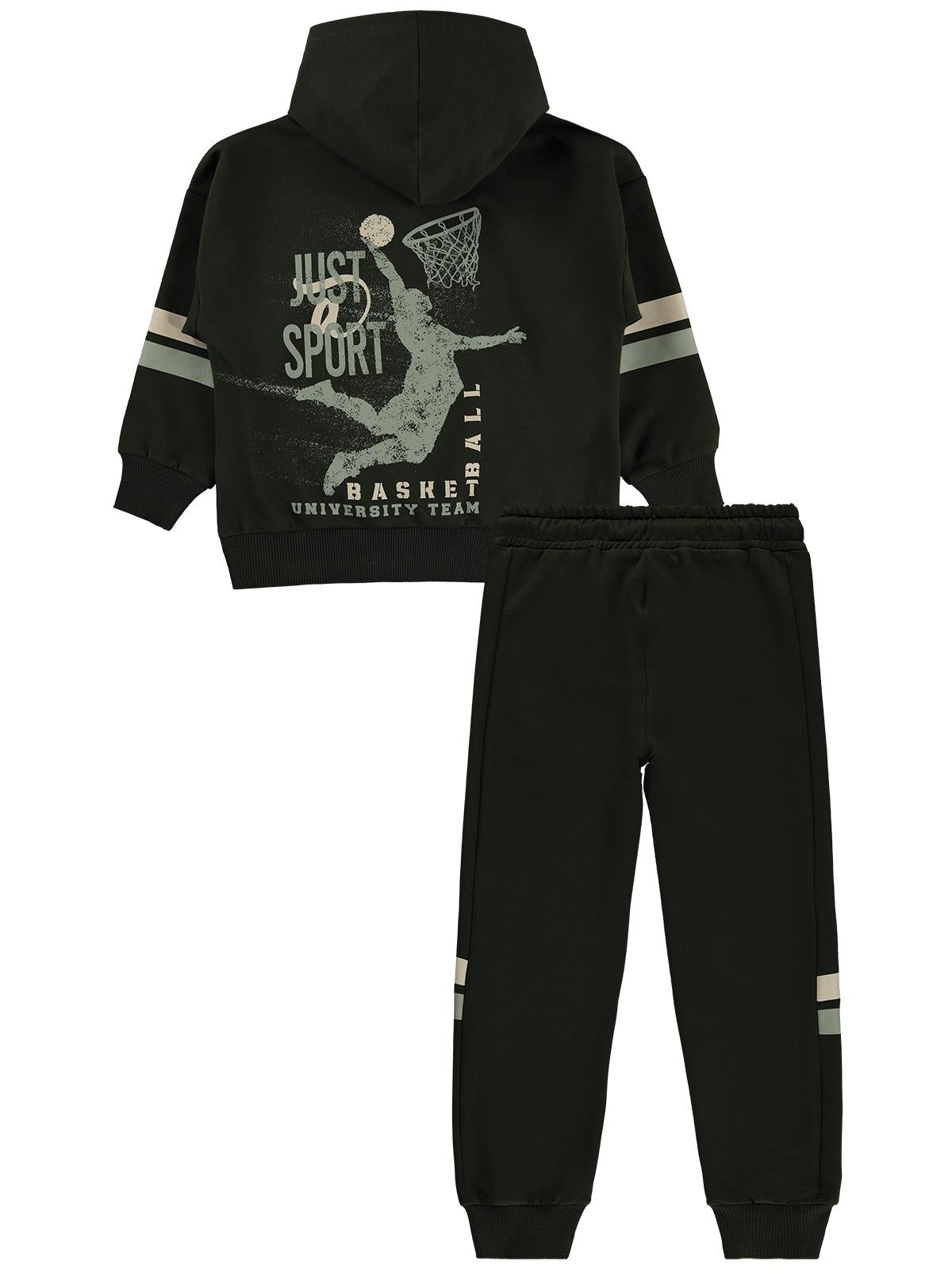 Mışıl Kids Kapüşonlu Kolları Şerit Baskılı 6-9 Yaş Eşofman Takımı - Haki