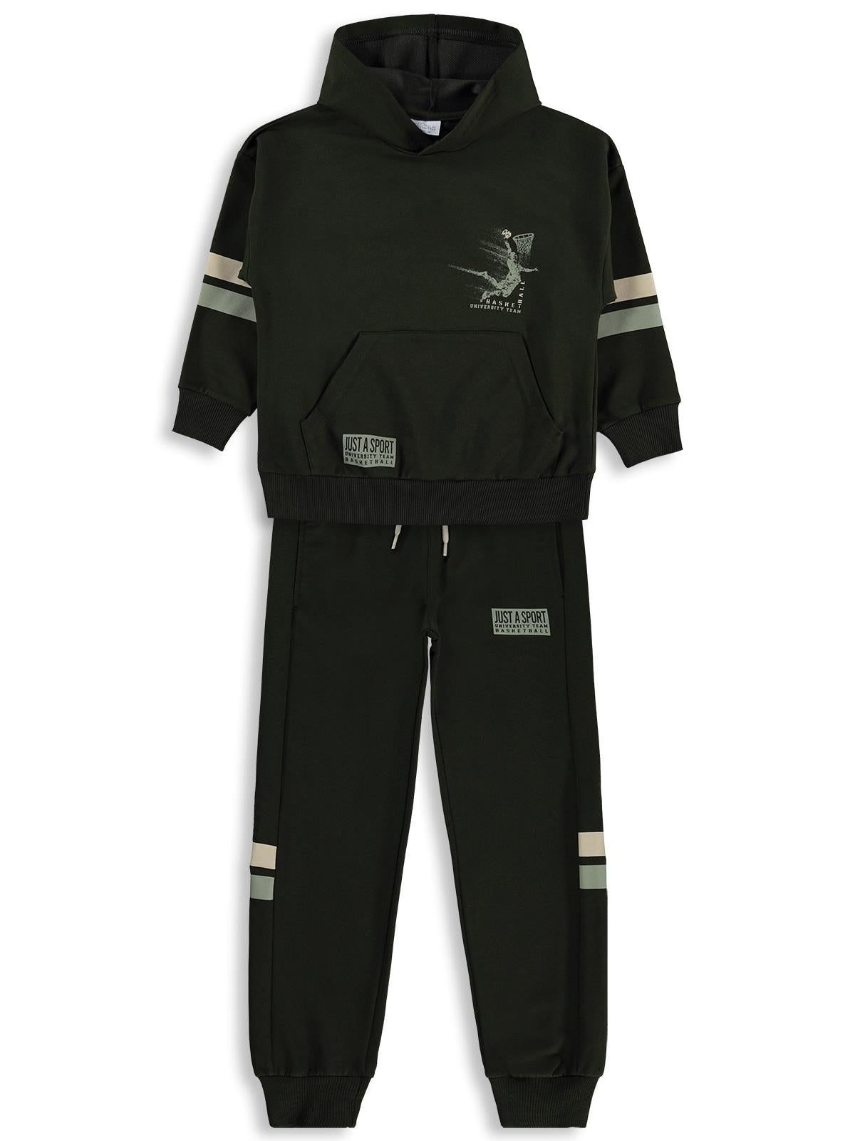 Mışıl Kids Kapüşonlu Kolları Şerit Baskılı 6-9 Yaş Eşofman Takımı - Haki