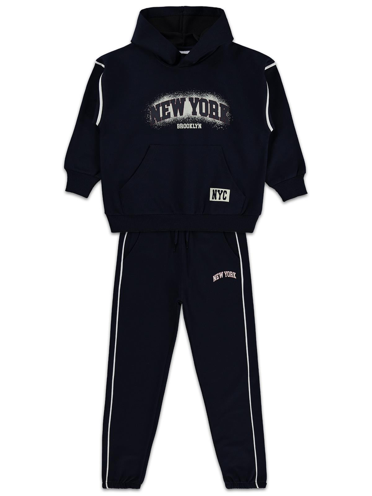 Mışıl Kids Kanguru Cepli Yanlar Biyeli 6-9 Yaş Eşofman Takımı - Lacivert