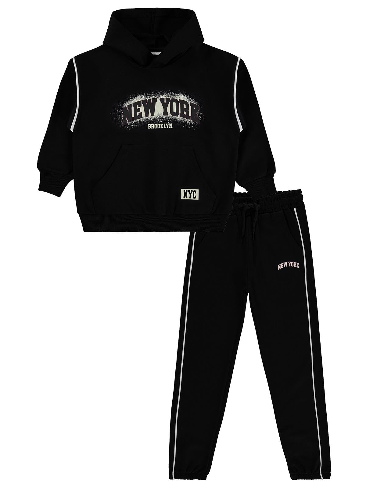 Mışıl Kids Kanguru Cepli Yanlar Biyeli 10-13 Yaş Eşofman Takımı - Siyah