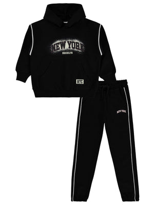 Mışıl Kids Kanguru Cepli Yanlar Biyeli 10-13 Yaş Eşofman Takımı - Siyah