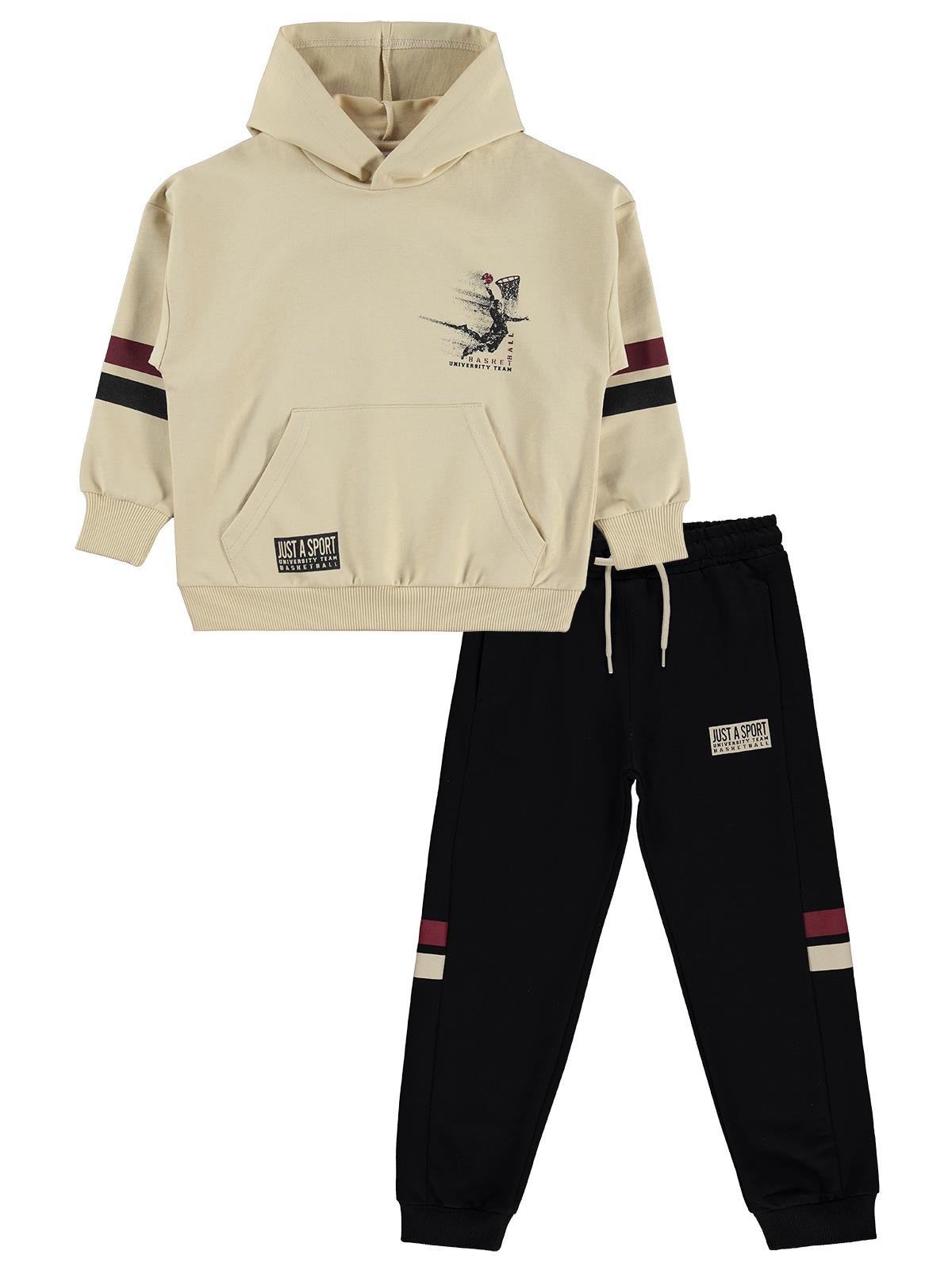 Mışıl Kids Kapüşonlu Kolları Şerit Baskılı 10-13 Yaş Eşofman Takımı - Siyah