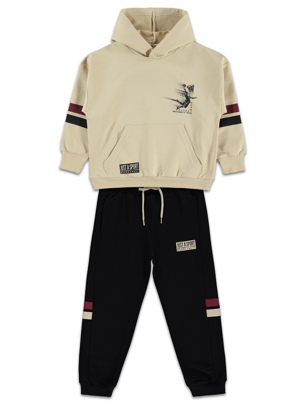 Mışıl Kids Kapüşonlu Kolları Şerit Baskılı 10-13 Yaş Eşofman Takımı - Siyah