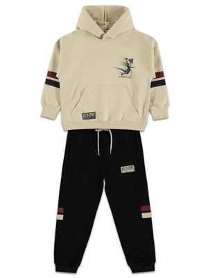 Mışıl Kids Kapüşonlu Kolları Şerit Baskılı 6-9 Yaş Eşofman Takımı - Siyah