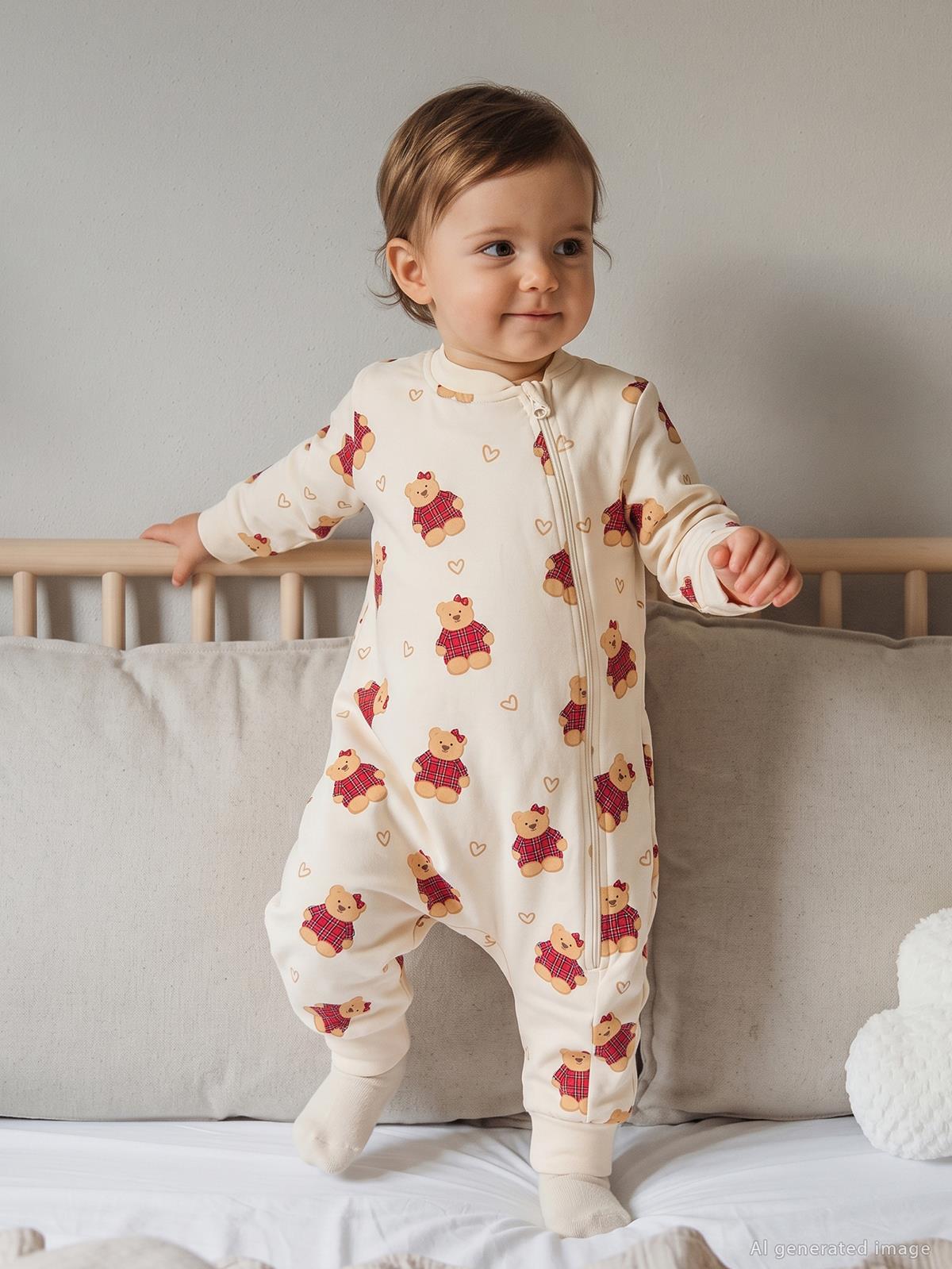 Civil Baby Ayı Desenli | 1.2 TOG  Uyku Tulumu| Pamuklu Süprem | Uzun Kollu Bisiklet Yaka - Bej