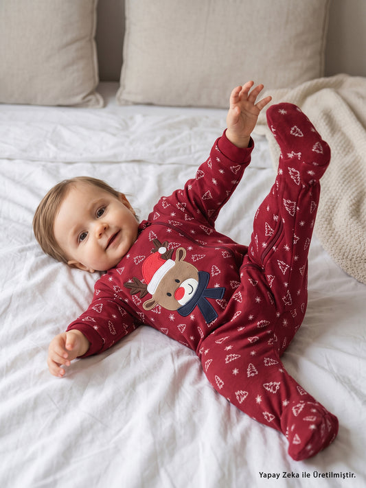 Civil Baby Şapkalı Geyik Nakışlı | Pamuklu İnterlok | Uzun Kollu Bisiklet Yaka Patikli | 2.5 TOG Uyku Tulumu - Bordo