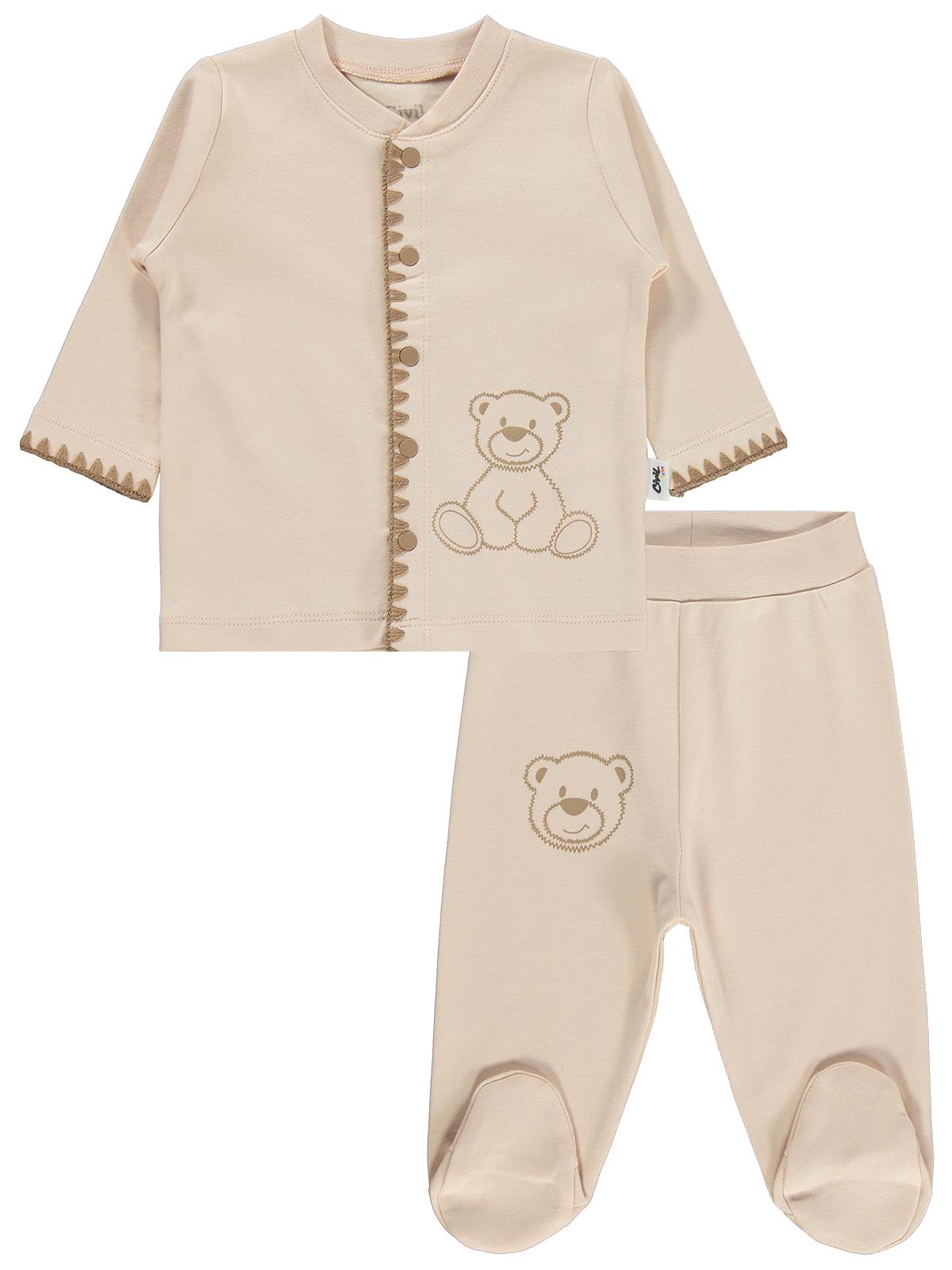 Civil Baby Oturan Tatlı Ayı Baskılı 1-9 Ay Pijama Takımı - Fil Dişi