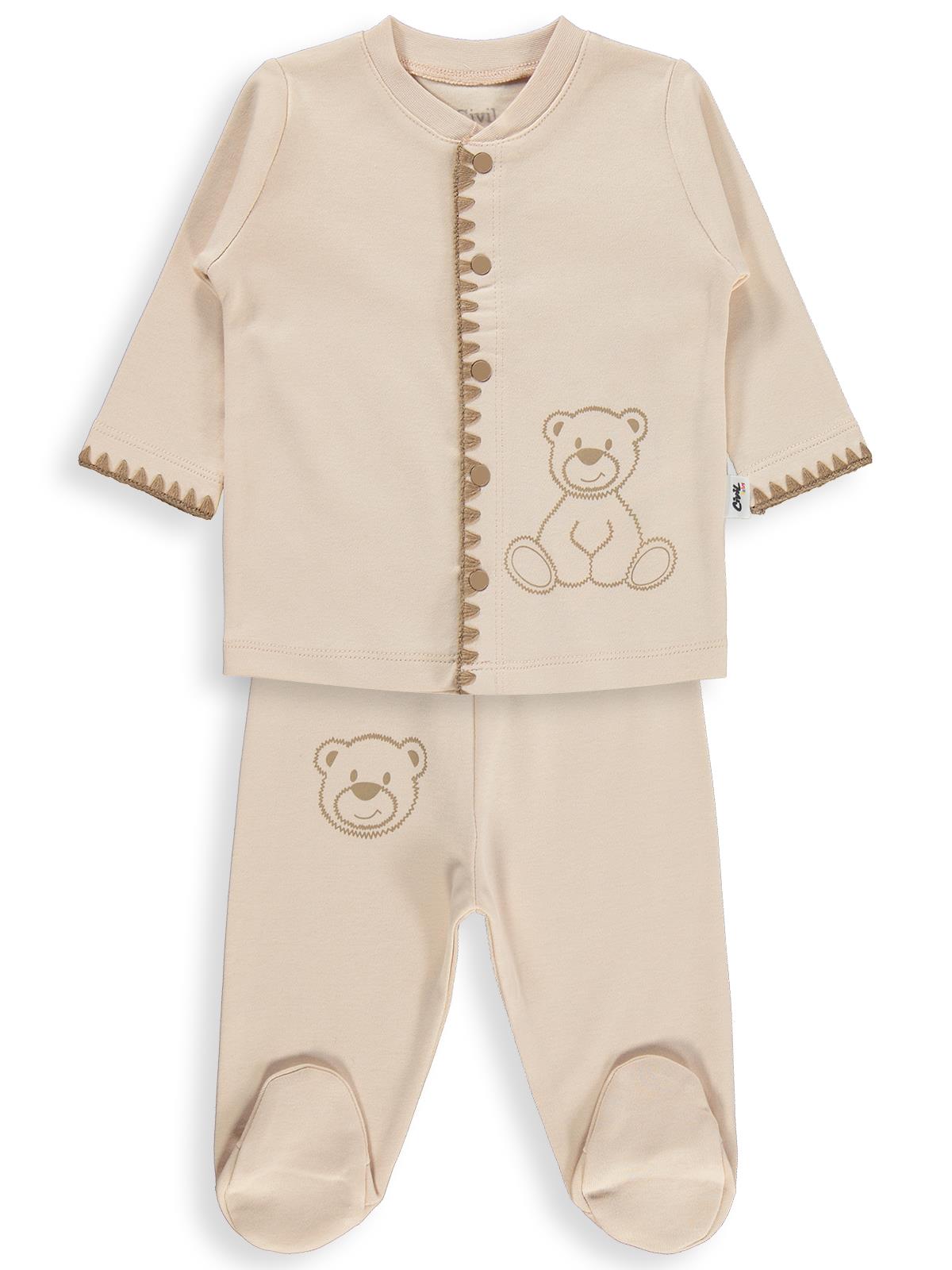 Civil Baby Oturan Tatlı Ayı Baskılı 1-9 Ay Pijama Takımı - Fil Dişi