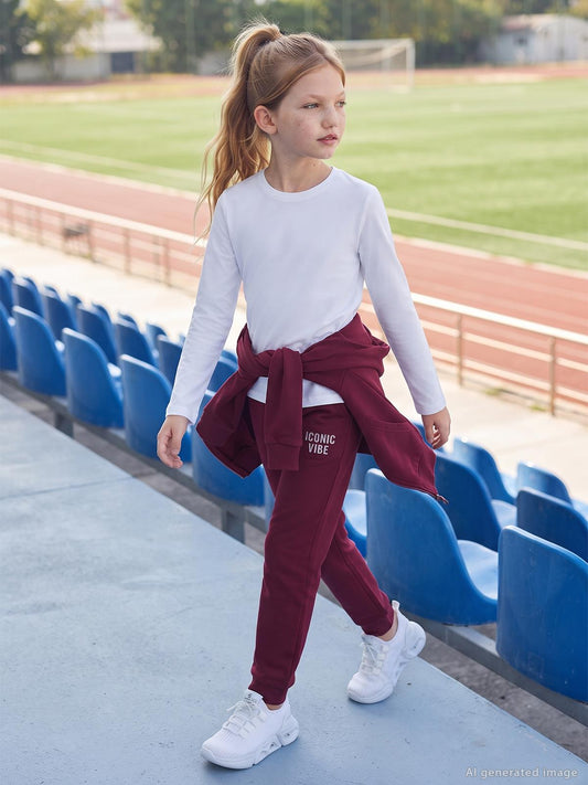 Civil Girls  Kız Çocuk Basic Eşofman Altı | 2 İp Baskılı | Okul Kreş ve Günlük Kullanım - Bordo
