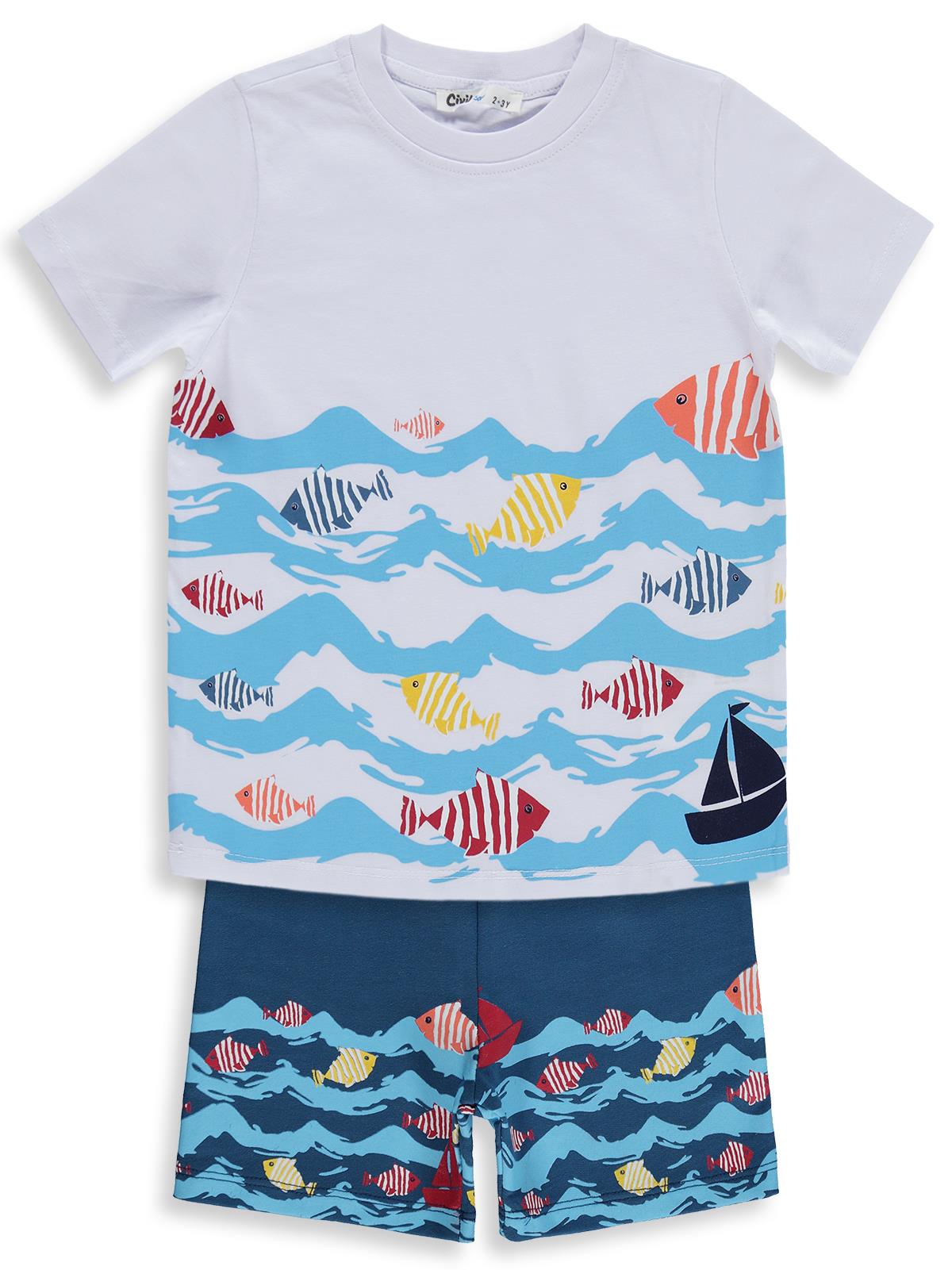 Civil Boys Balık ve Dalga Baskılı 2-5 Yaş Takım - Beyaz
