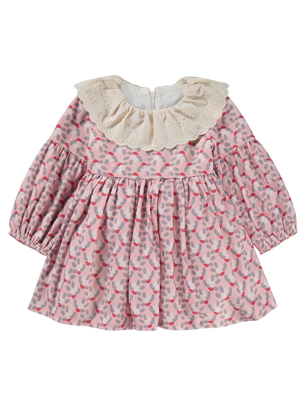 Obelia Dantel Yaka Kolları Lastikli 2-5 Yaş Elbise - Pembe