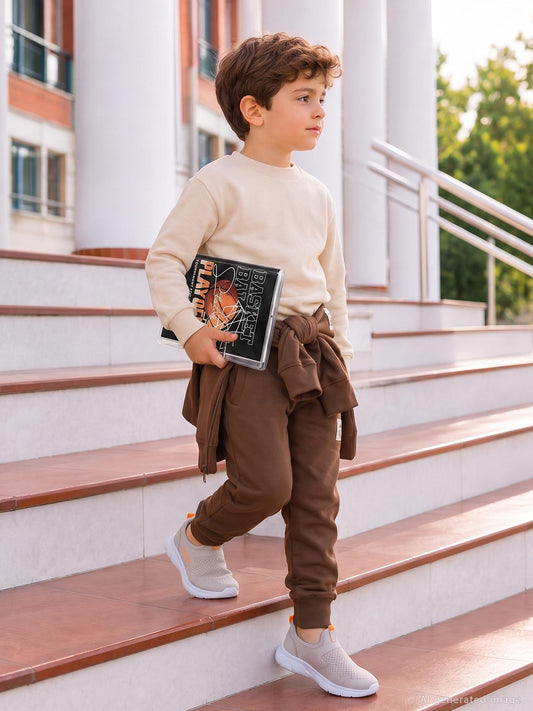 Civil Boys Erkek Çocuk Basic Sweatshirt | Fırçalı 2 İp Uzun Kol | Okul Kreş ve Günlük Kullanım - Bej