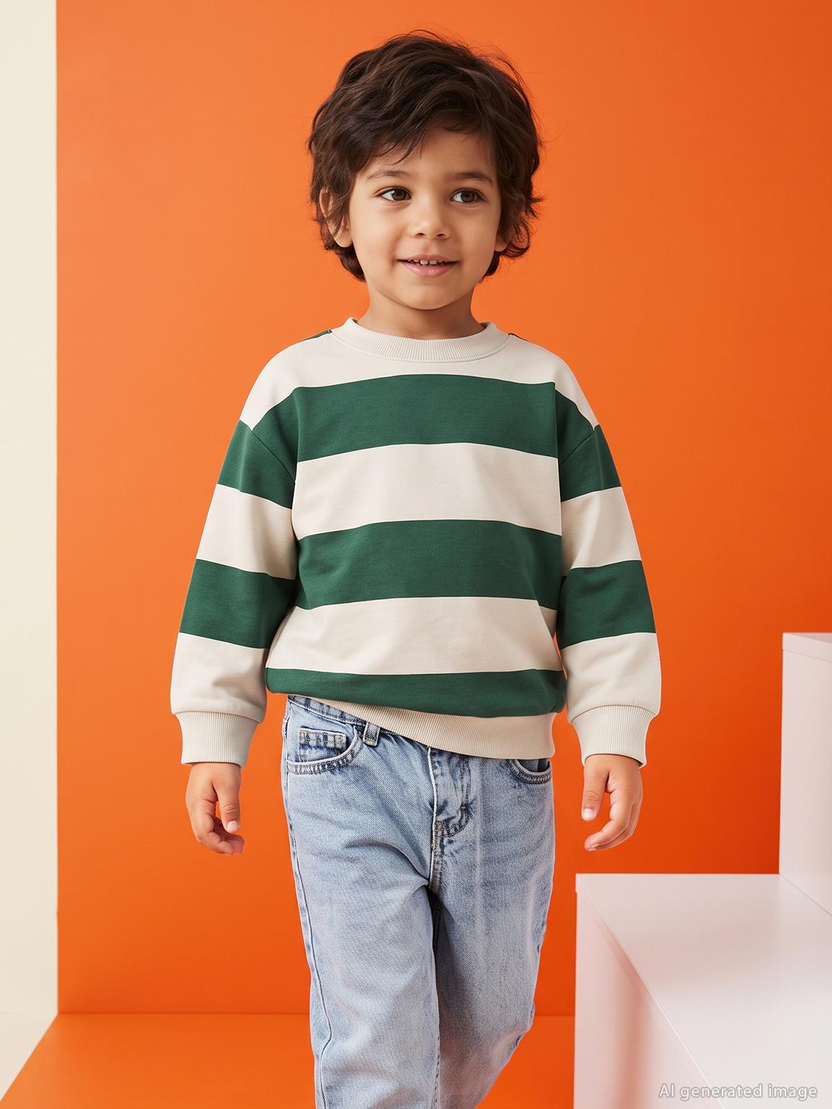 Civil Boys Kalın Çizgili Basic 2-5 Yaş Sweatshirt - Yeşil