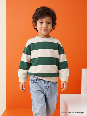 Civil Boys Erkek Çocuk Kalın Çizgili Basic Sweatshirt | 2 İp Uzun Kol | Okul Kreş ve Günlük Kullanım - Yeşil