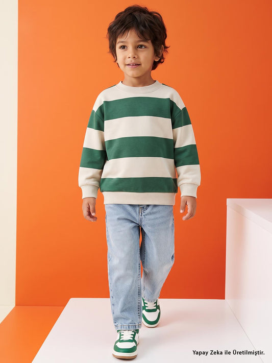 Civil Erkek Çocuk Kalın Çizgili Basic Sweatshirt | 2 İp Uzun Kol | Okul Kreş ve Günlük Kullanım - Yeşil