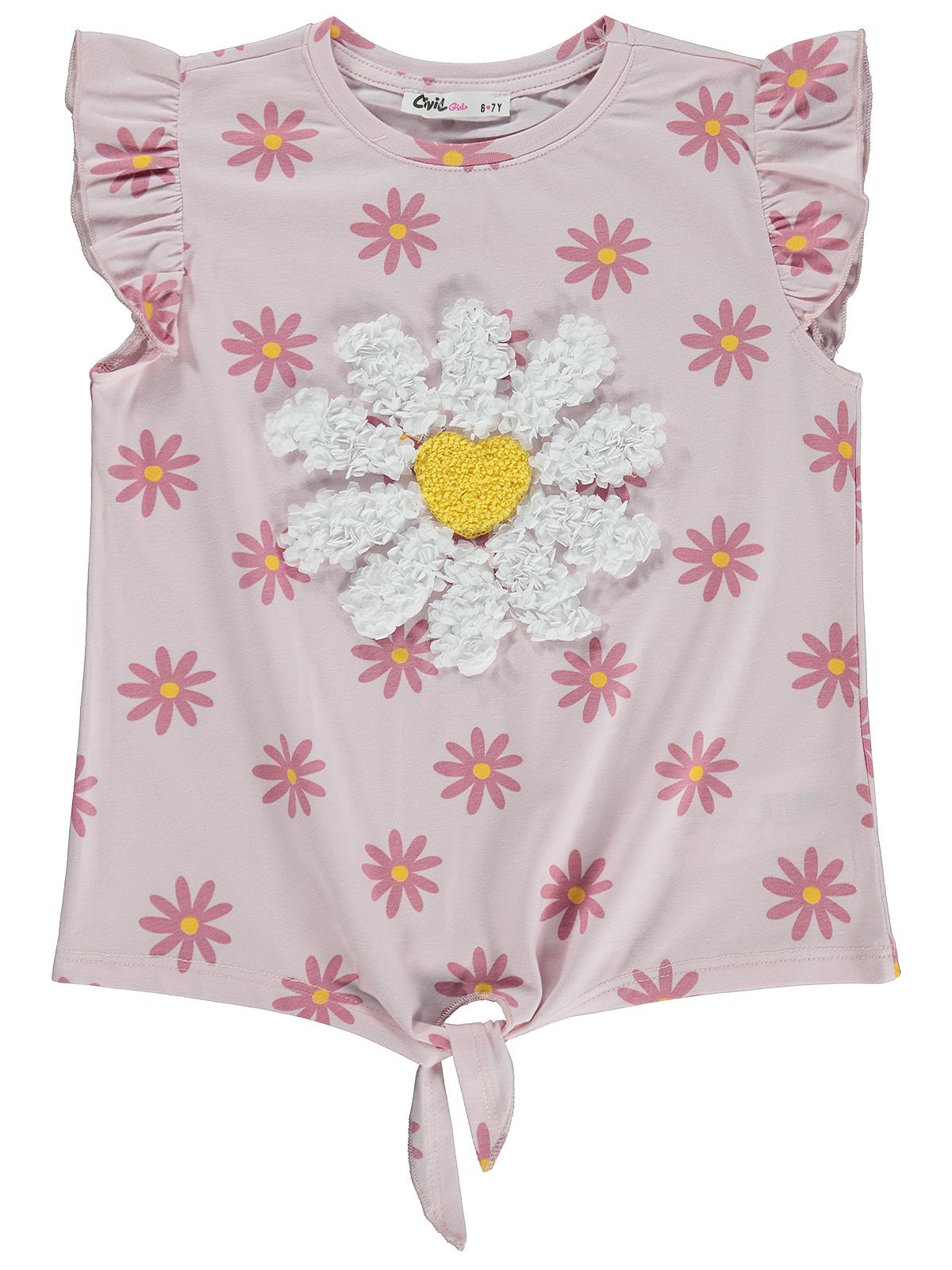 Civil Girls Papatya Desenli 6-9 Yaş Tişört - Pudra