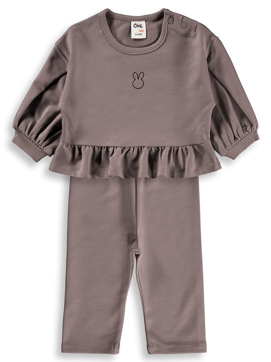 Civil Baby Tavşan Baskılı Fırfırlı 6-18 Ay Takım - Kahverengi